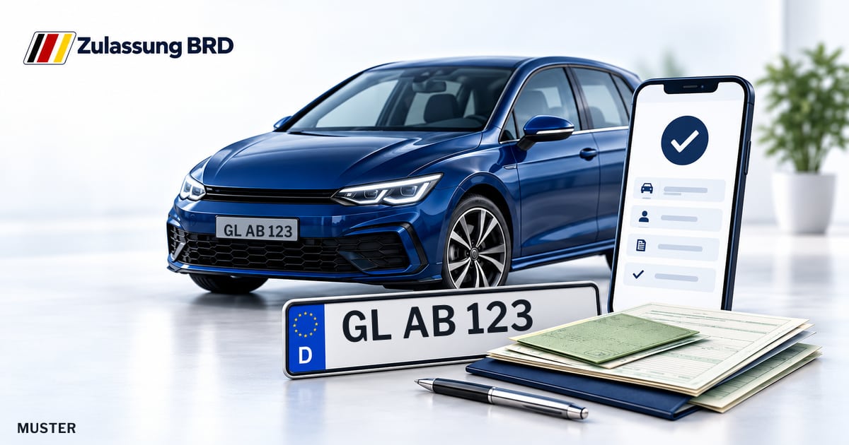 Online Fahrzeugzulassung in Bergisch-Gladbach: Musterkennzeichen GL AB 123, Auto und Fahrzeugpapiere und Smartphone. Illustration mit Logo von Zulassung BRD.